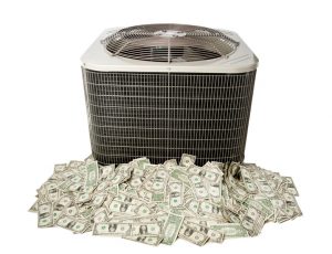 central air conditioner sitting on pile of money, on white background