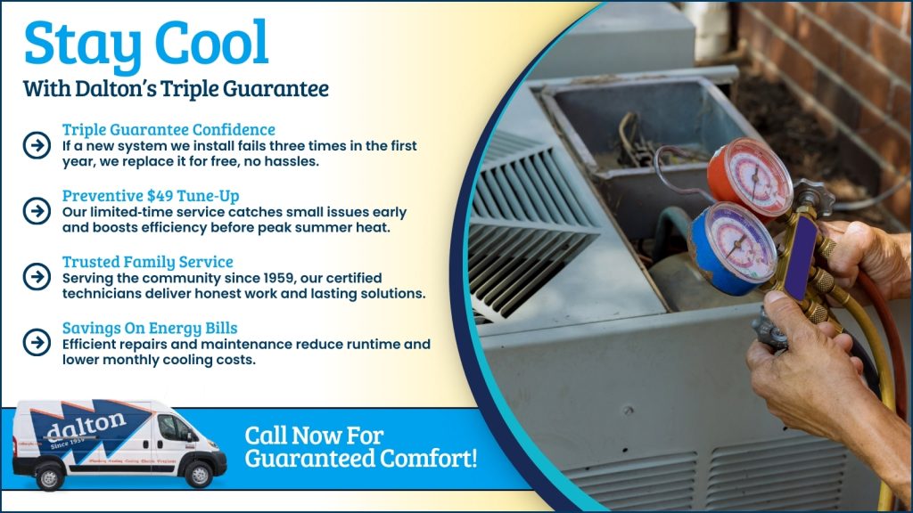 This is an image of an HVAC technician checking the refrigerant. The headline reads stay cool with Dalton's triple guarantee.