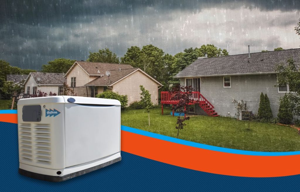 This is an image of an approaching storm over some houses overlaid is a whole Home generator