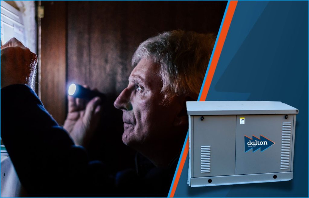 This is an image of a man with a flashlight checking his fusebox after a power outage. There is a whole-home generator overlaid on some graphics.