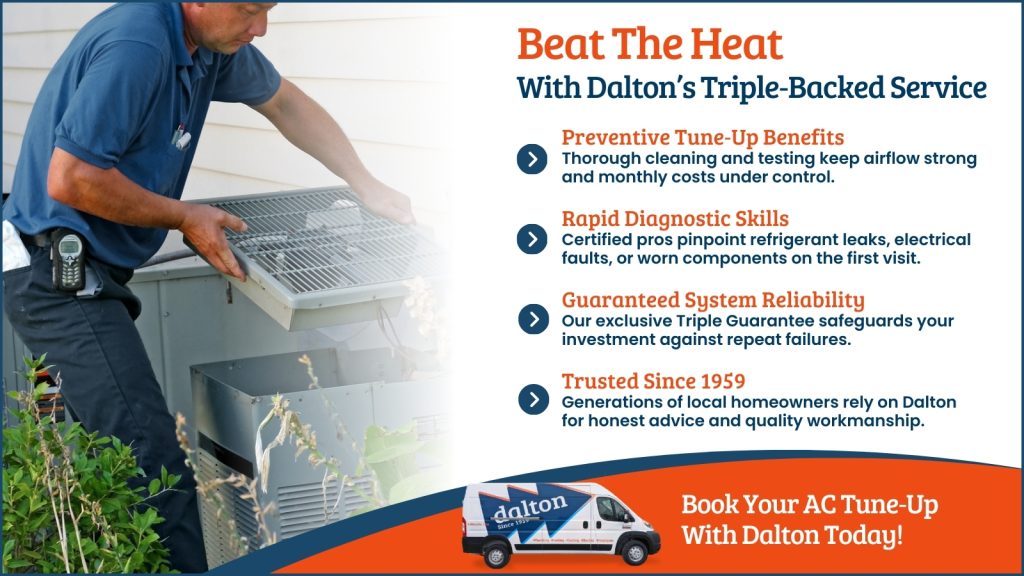 This is an image of an HVAC technician working on an AC unit. The headline reads beat the heat with Dalton's triple backed service.