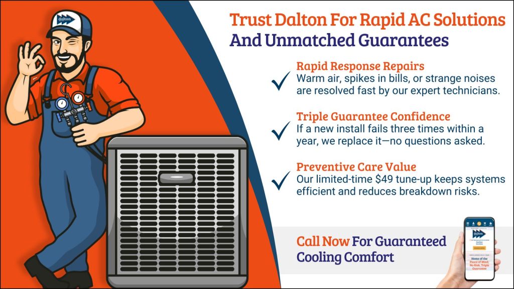 This is a cartoon rendered image of an HVAC technician from Dalton, leaning on an AC unit the headline leads trust Dalton for rapid AC solutions and unmatched guarantees
