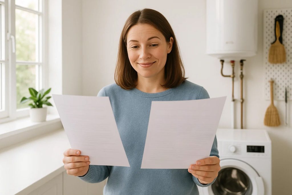 Homeowner reviewing two installation quotes with technician pointing out efficiency differences