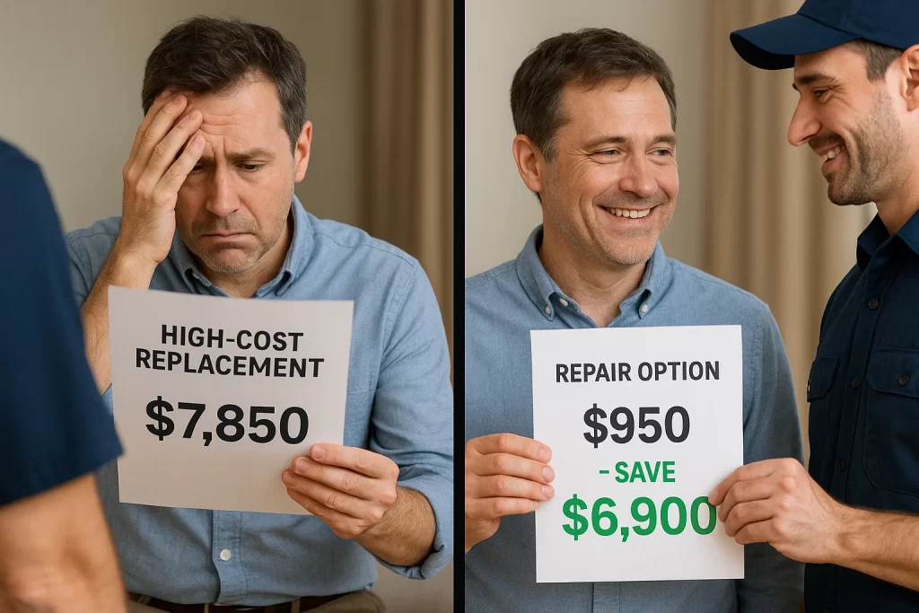 Before‑and‑after: overwhelmed homeowner vs relief after low-cost repair option