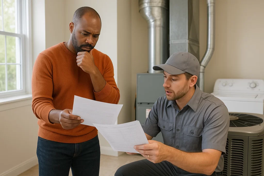 Technician comparing line‑by‑line differences in AC quotes beside the unit with homeowner