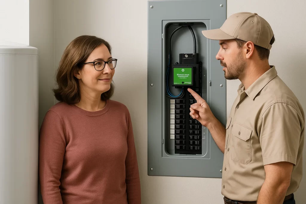 An electrician showing a homeowner a surge protector