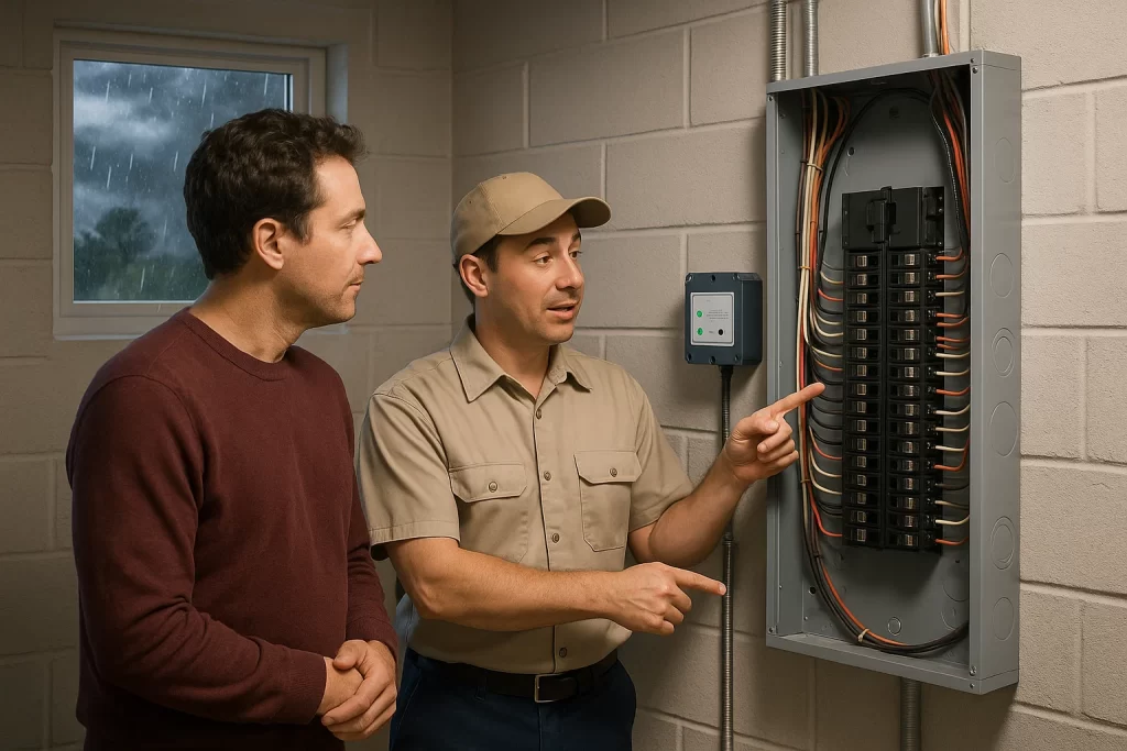 Homeowner with electrician reviewing whole house surge protector installation
