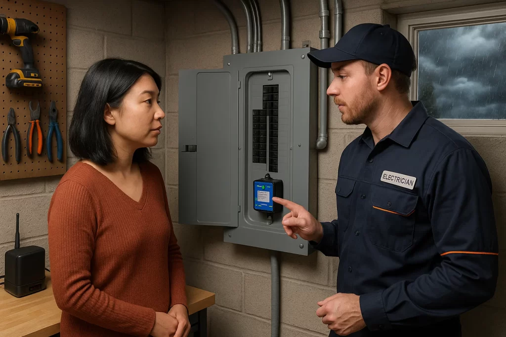 Homeowner and electrician reviewing newly installed surge protector near panel during storm