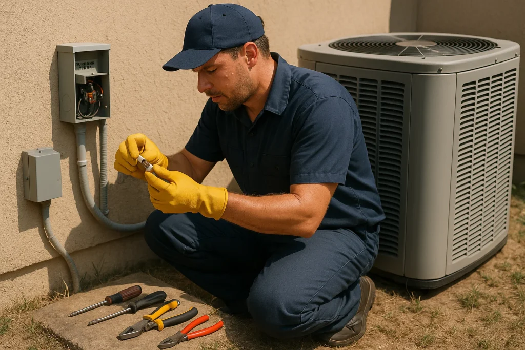 Technician replaces fuse near AC unit and outdoor panel in heat