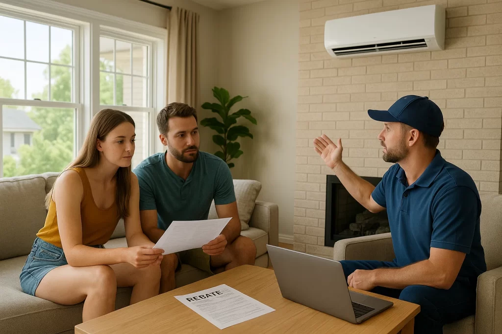 Couple reviewing rebate paperwork with HVAC technician during summer AC install