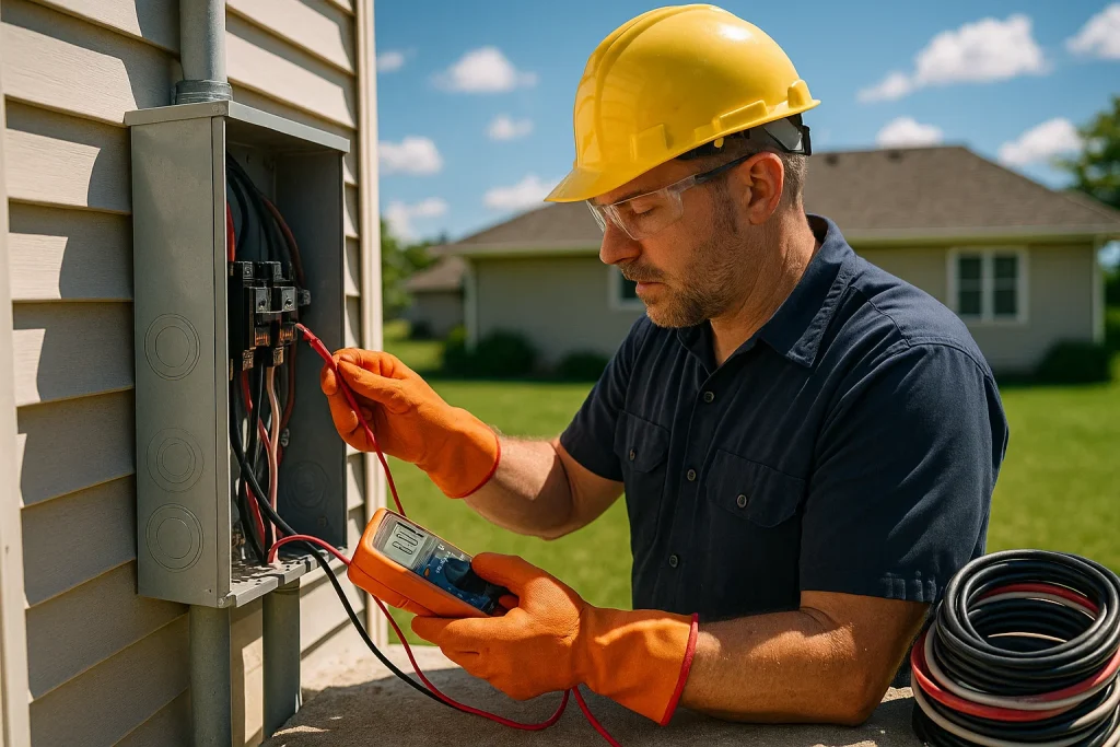 Electrician checks outdoor electrical panel for summer voltage issues in full sun