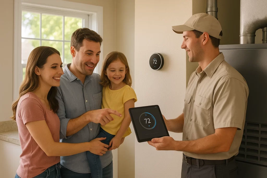 Family and HVAC tech reviewing energy-efficient upgrade during summer install
