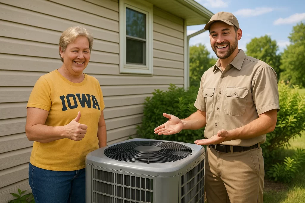 Homeowner and technician discussing HVAC upgrade financing during summer install