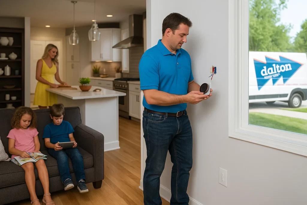 An image of Dalton installer holding a brand new smart thermometer that he's going to put on the wall
