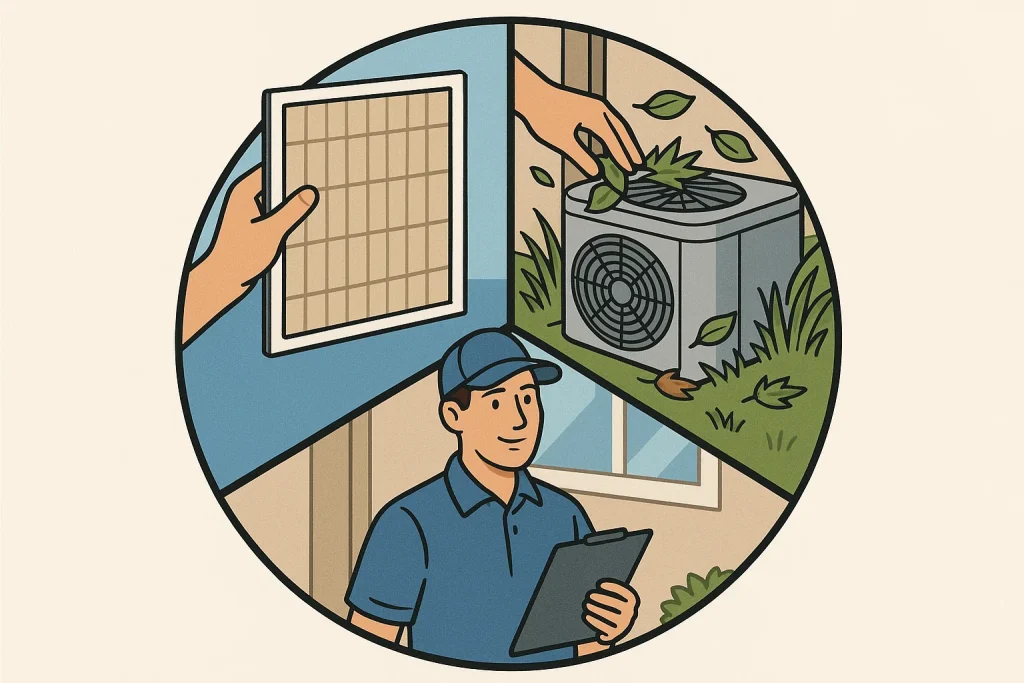 A 3 pound image showing a filter being changed cleaning up around an AC condenser unit and a maintenance visit by HVAC repairman