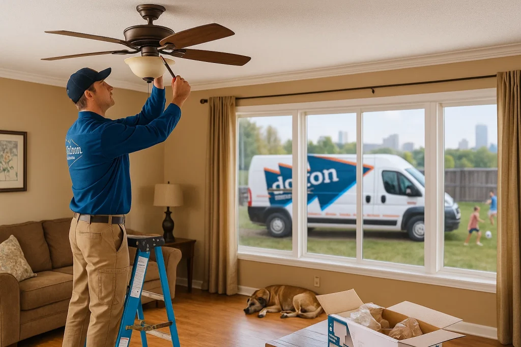 An image of adult and electrician installing a ceiling fan