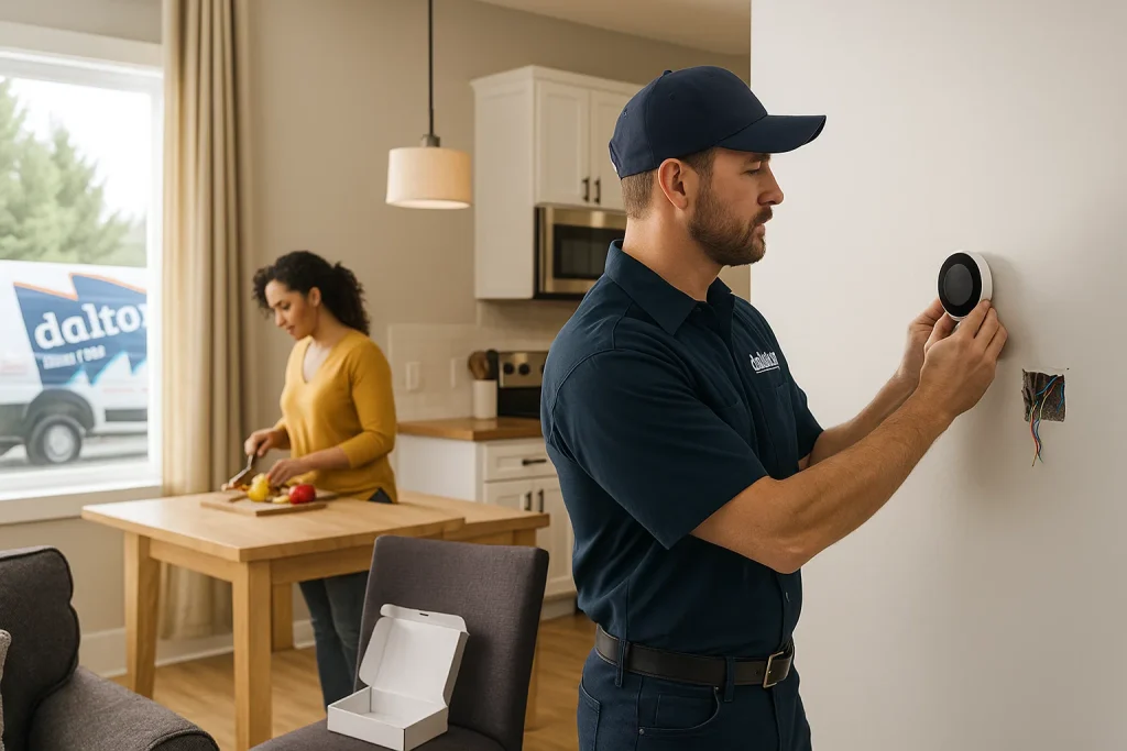 An image of an electrician installing a new smart thermostat
