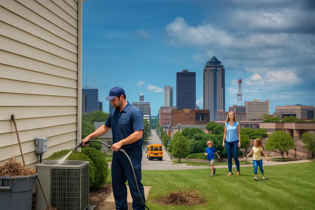 HVAC technician cleaning and AC condenser unit on the side of the house