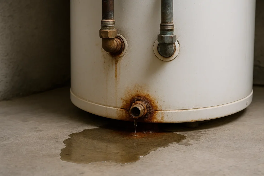 Close-up of leaking water heater with puddle forming at base