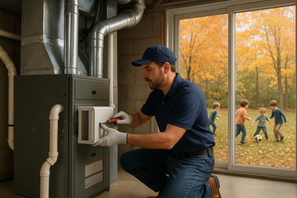 An image of an HVAC technician installing a whole home air purifying system