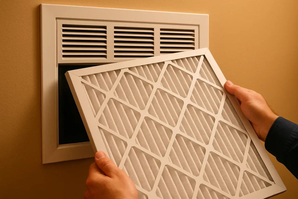 Technician replaces HVAC return filter with clean one emphasizing fresh airflow in fall
