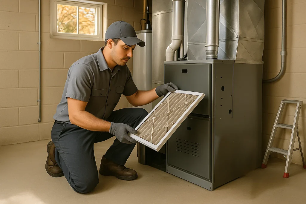 HVAC technician replaces air filter in high-efficiency furnace for fall maintenance