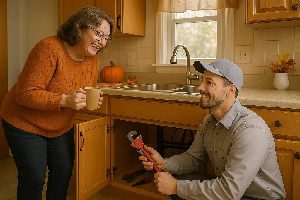 Homeowner in Cedar Falls kitchen watches plumber inspect under-sink pipes during fall plumbing checkup.