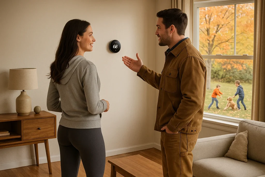 An image of a homeowner and HVAC technician discussing a smart thermostat.