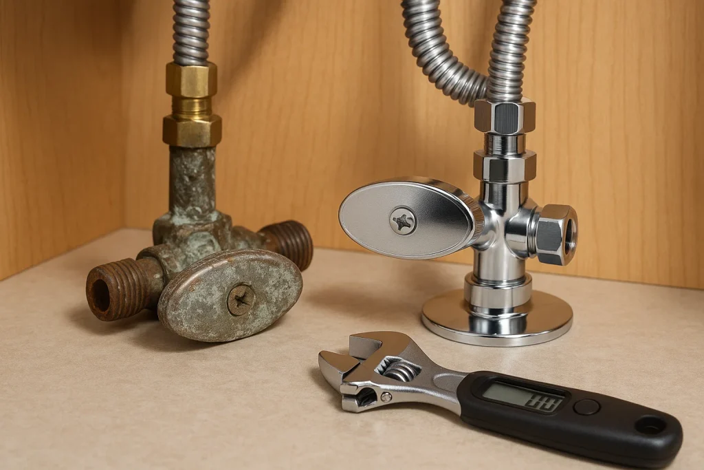 Close-up of old corroded shut-off valve next to new upgraded valve under sink