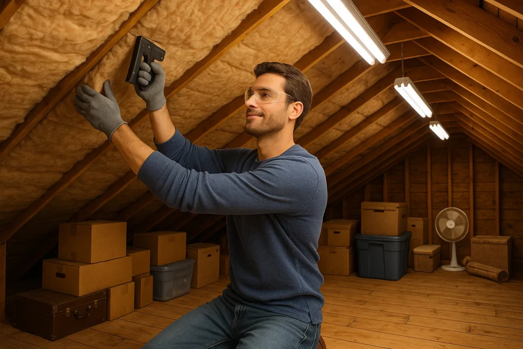 A homeowner installing insulation in the attic.