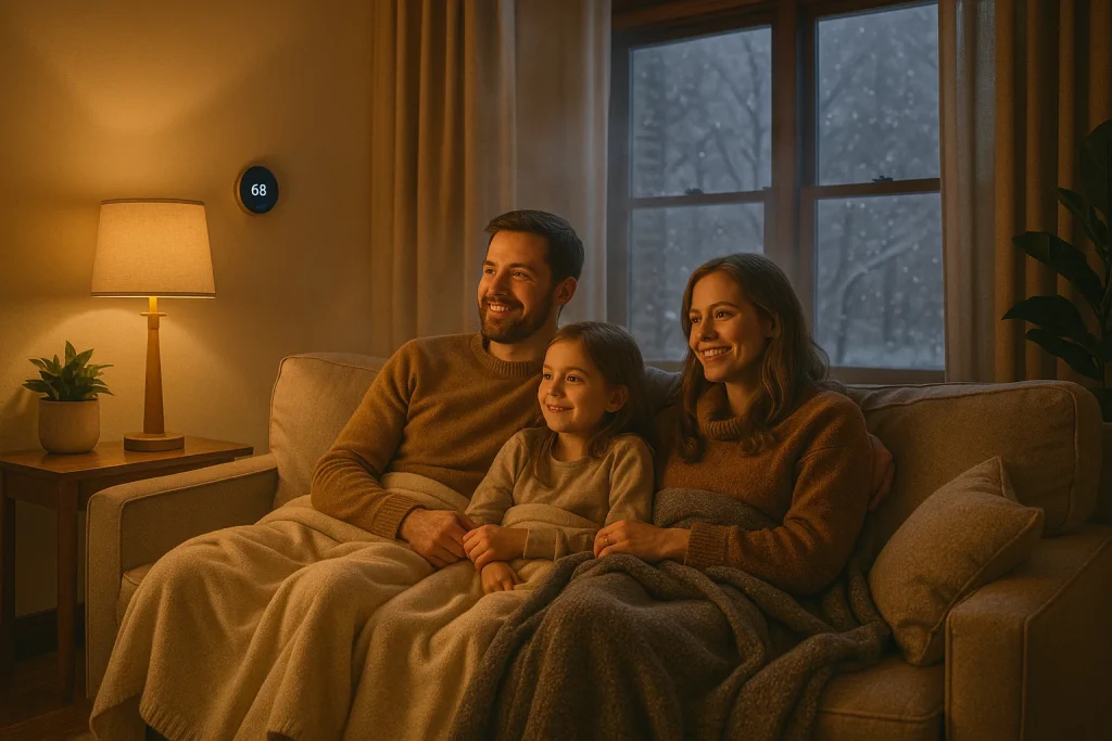 family enjoying cozy winter evening in humidified Des Moines home with snow falling outside