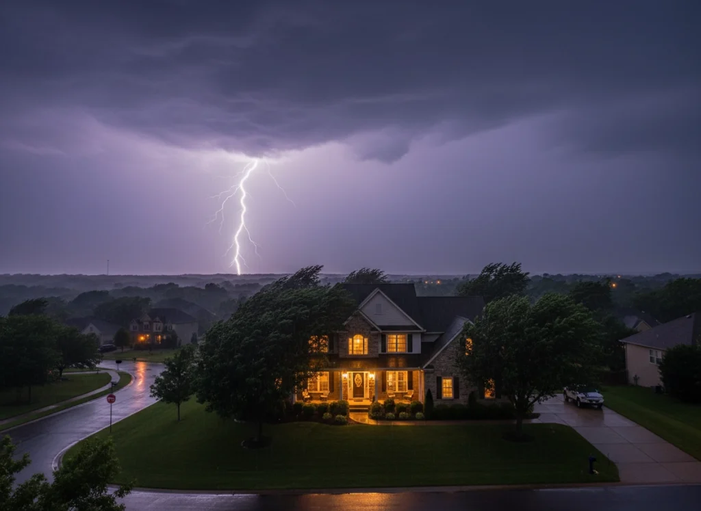 Home safely powered during a thunderstorm with lights on.