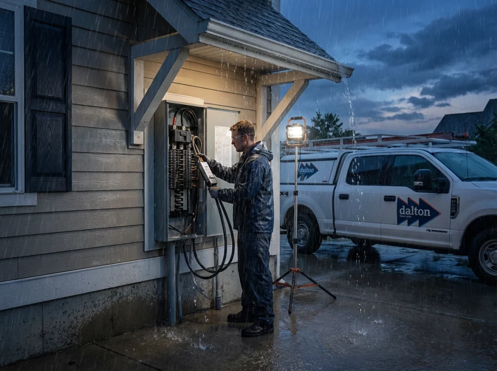 Electrician installing whole‑home surge protector on exterior panel during heavy rainstorm.