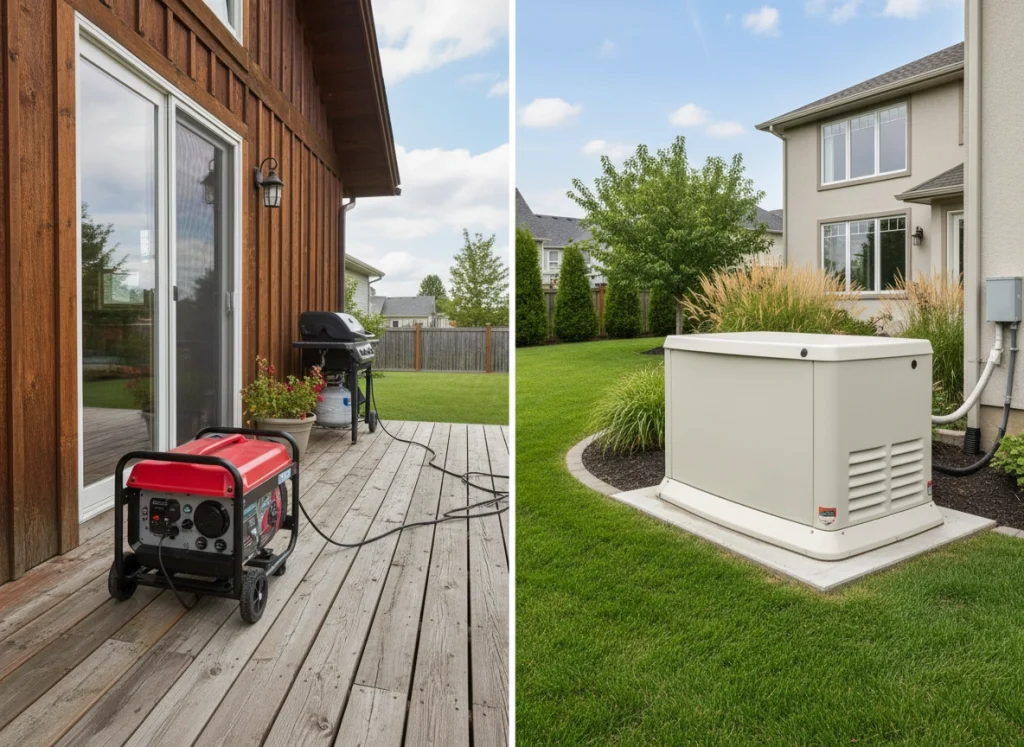 Portable vs. whole-house generator side-by-side outside a home.