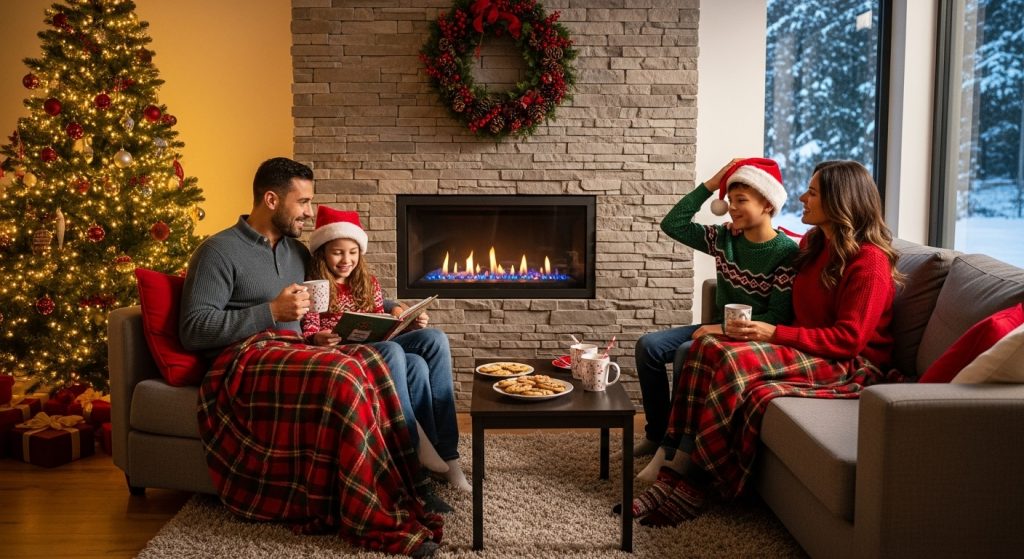 A family sitting in a holiday living room, centered around a gas fireplace