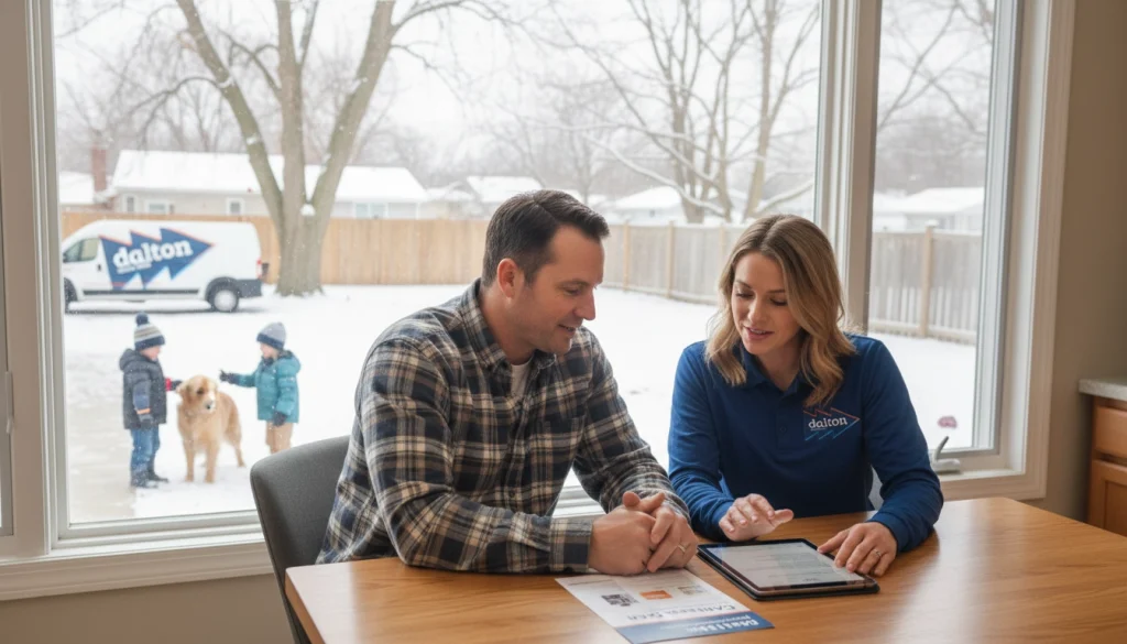 A homeowner and Dalton HVAC technician discuss a maintenance plan