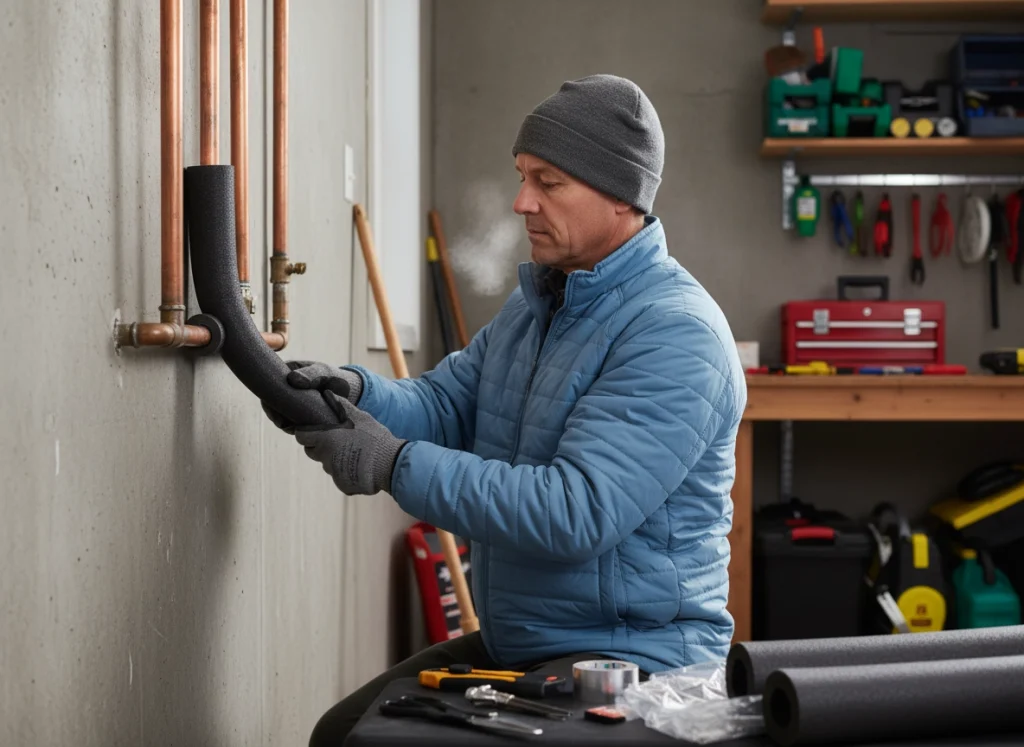 Homeowner applying insulation to exposed pipes before an upcoming freeze with weather forecast visible.