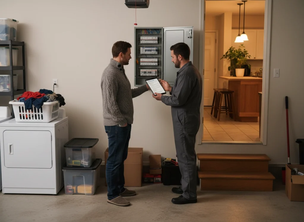 Homeowner and electrician reviewing winter electrical safety checklist at open electrical panel.
