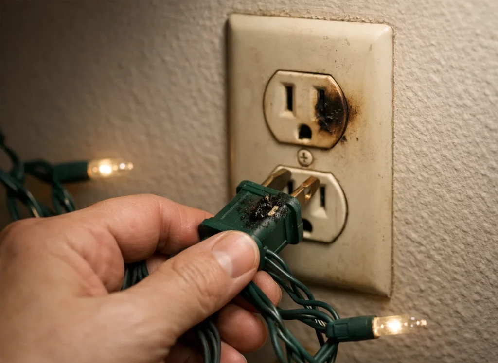 Homeowner unplugging frayed holiday lights from a slightly discolored outlet to prevent electrical fire hazards.