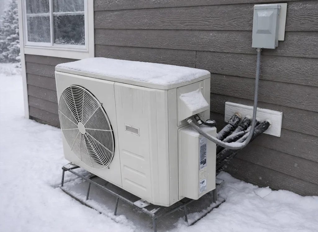 Cold-climate heat pump operating outside an Iowa home with snow-covered ground during winter.
