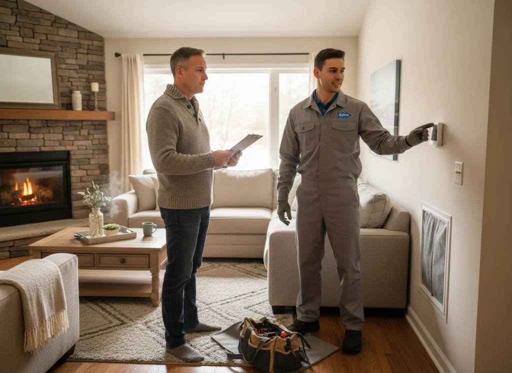 Homeowner with HVAC technician discussing winter heating maintenance checklist in Nashville living room.