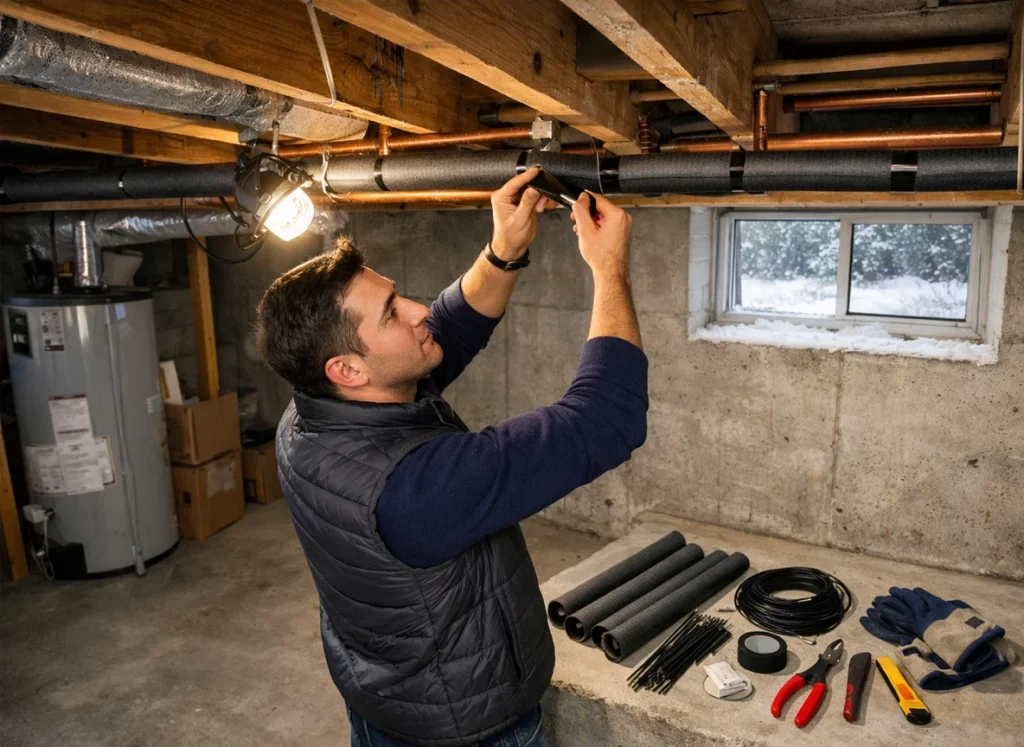 A homeowner wrapping insulation around his pipes.