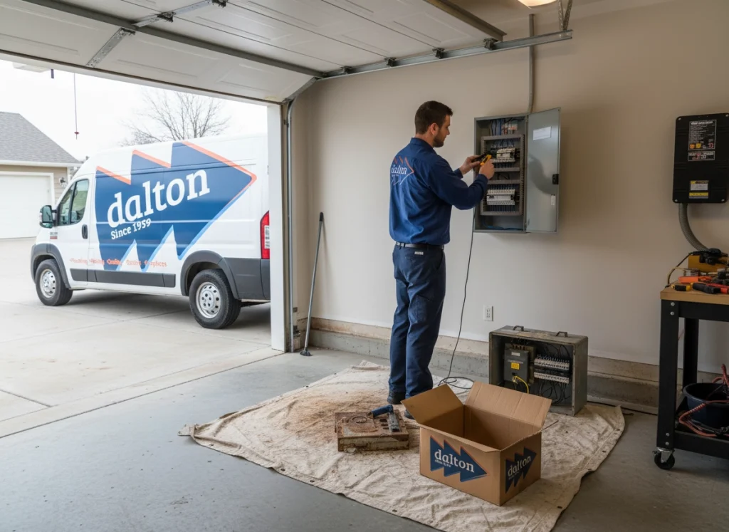 Licensed electrician from Dalton PHC upgrading an electrical panel to a new modern unit