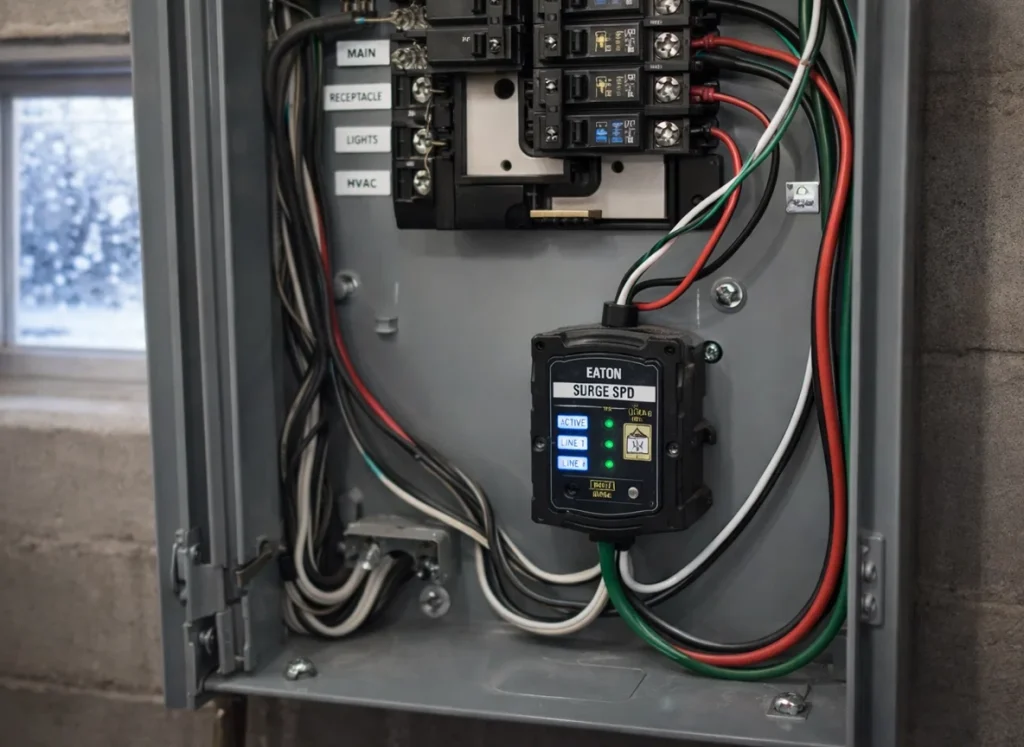Whole-home surge protector installed at residential electrical panel in Cedar Rapids