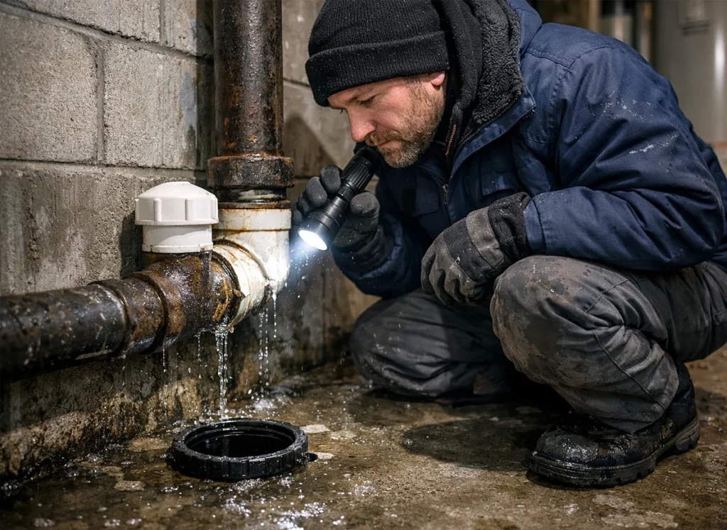 Plumber inspecting cracked basement sewer line during winter odor investigation