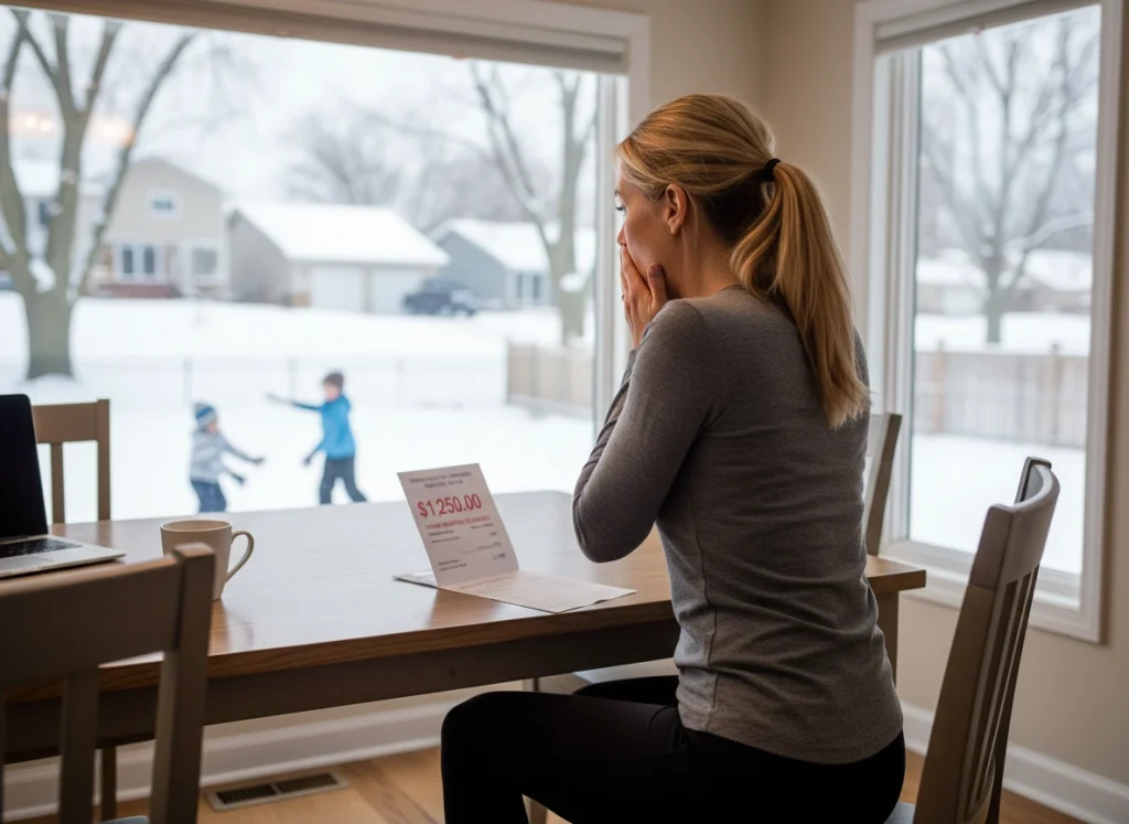 Homeowner sits at her kitchen table, looking at her outrageously high heating bill