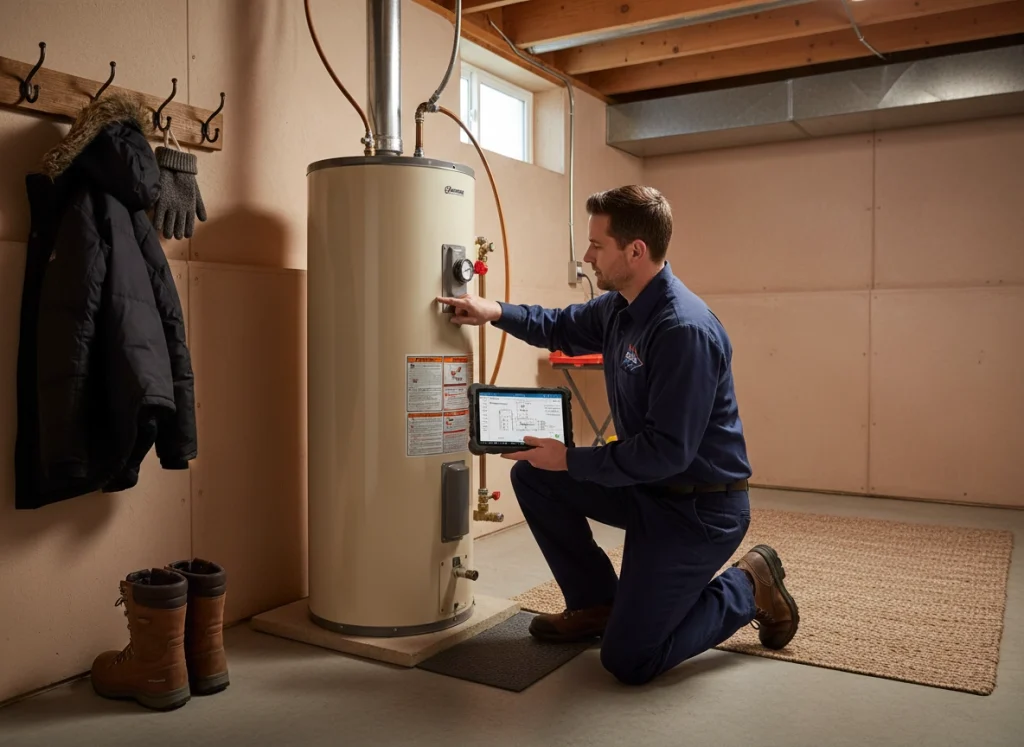 Dalton PHC technician inspecting a residential water heater in a basement to prepare for winter.