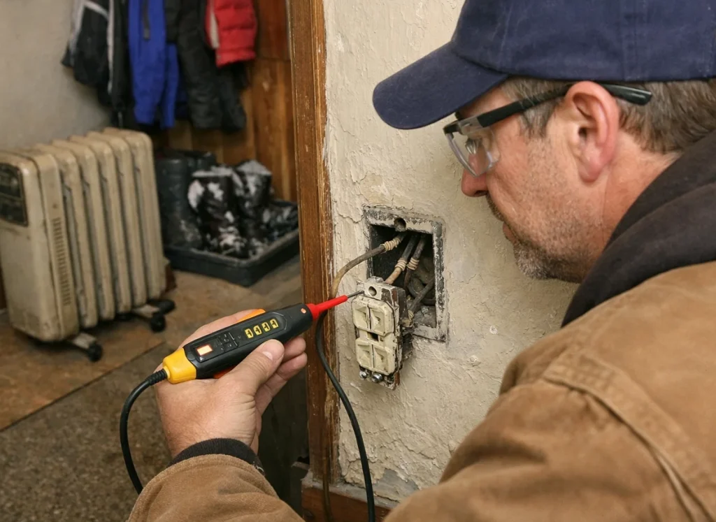 Electrician testing a non-working outlet in an older home during winter