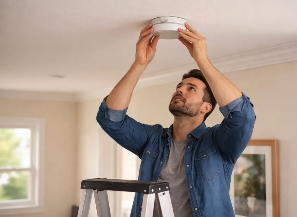 The homeowner removing a smoke detector to check the batteries.