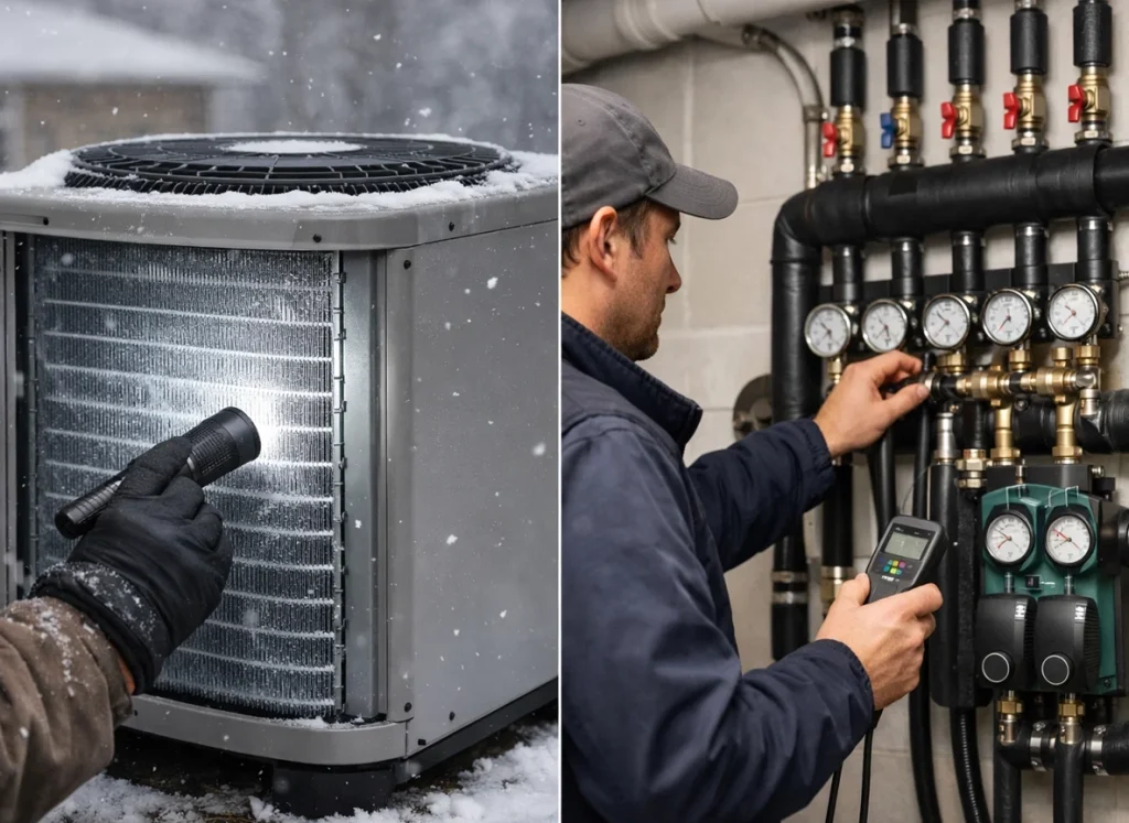 Split screen comparison of air source heat pump versus geothermal performance in Cedar Falls IA winter